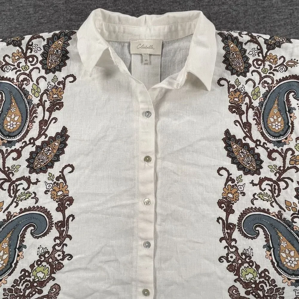 Cleobella XS White Paisley Coastal Linen Blend Lagenlook Cropped Boho Blouse - Picture 3 of 13